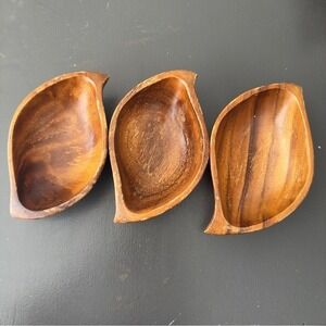 Teak Vintage Brown Wooden Bowl Tiki Bar Set of 3 Leaves Leaf MCM Mid Century